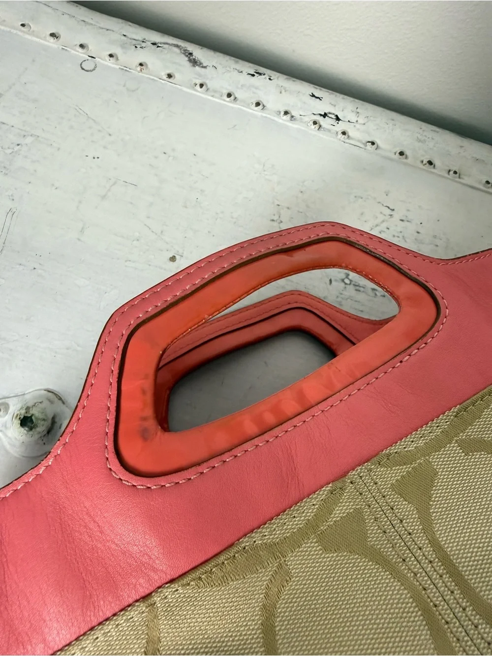 Coach Light Khaki/Coral Bonnie Signature Logo Print Fold Over Crossbody Bag 1339